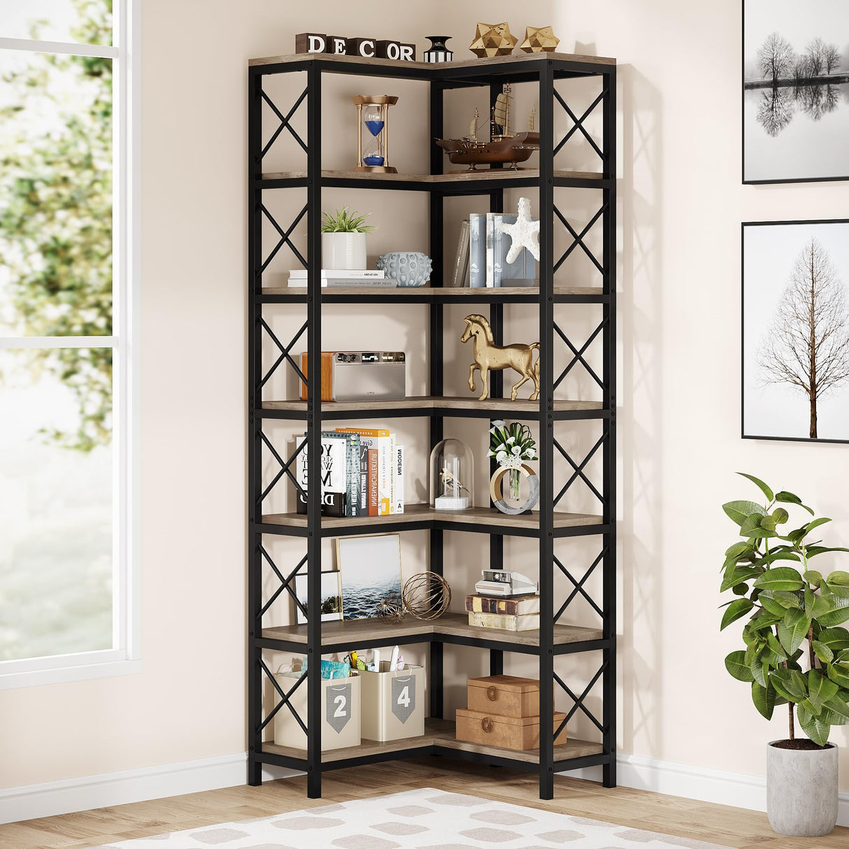 Tribesigns 7-Shelf Corner Bookshelf,Large Modern Corner Bookcase, 7-Tier Tall Corner Shelf Storage Display Rack with Metal Frame for Living Room Home Office (Grey) Tribesigns