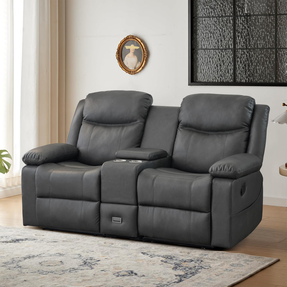 CALIVIA Manual Reclining Loveseat with Massage and Heat, Double Recliner Sofa with Center Console, Cup Holders & Storage for Living Room, RV (Grey) CALIVIA