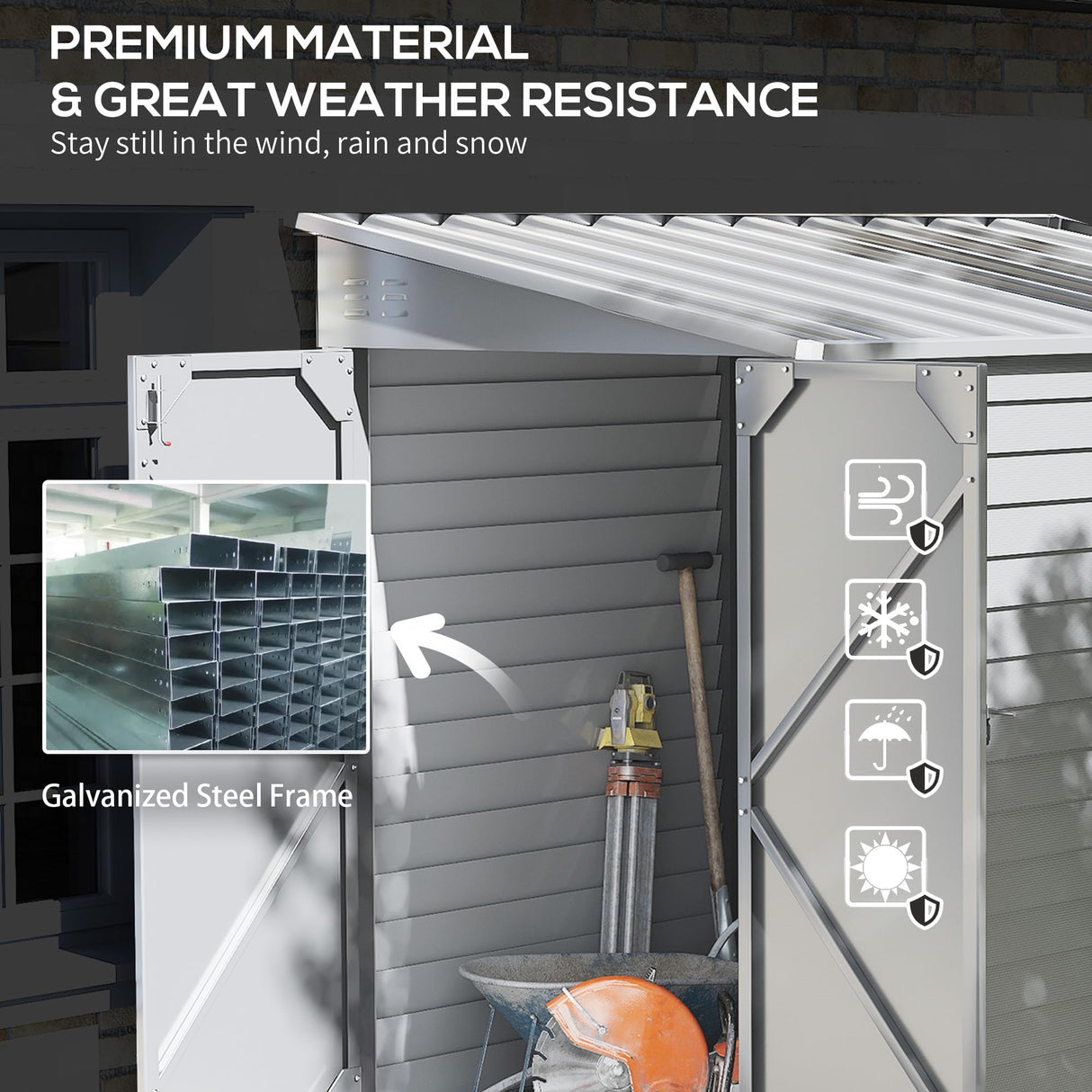 Outsunny 4.6' x 9' Steel Outdoor Storage Shed, Lean to Shed, Metal Tool House with Foundation Kit, Lockable Doors, Gloves and 2 Air Vents for Backyard, Patio, Lawn, White Outsunny