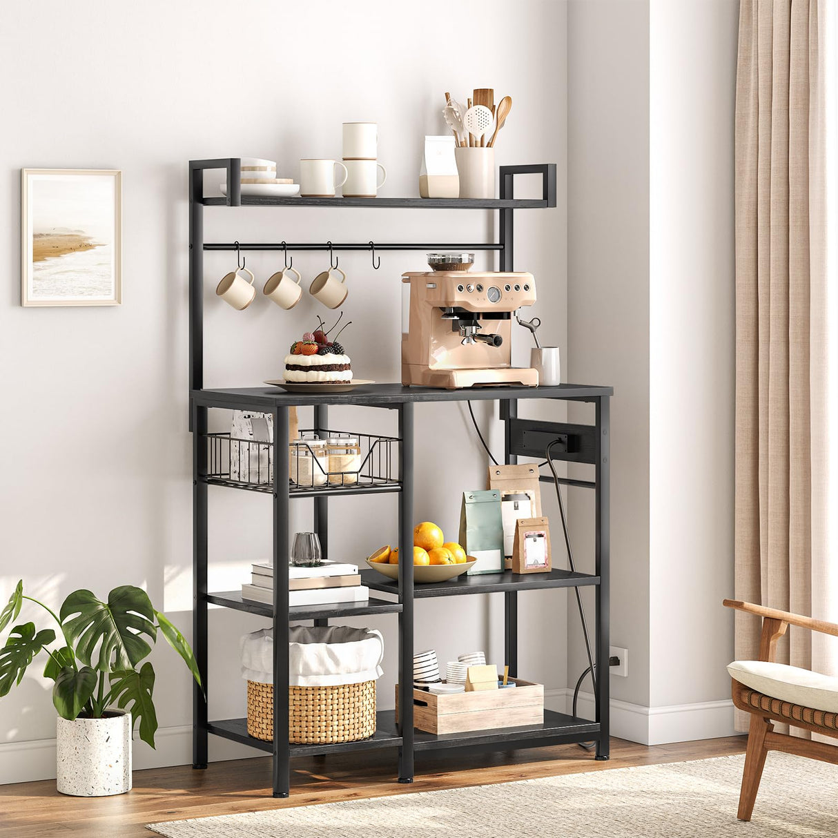 HOOBRO Kitchen Bakers Rack with Power Outlet, Coffee Bar, Microwave Oven Stand with Mesh Basket, Coffee Station with 4 S-Shaped Hook, Kitchen Shelf, for Kitchen, Living Room, Black BB05HB01 HOOBRO