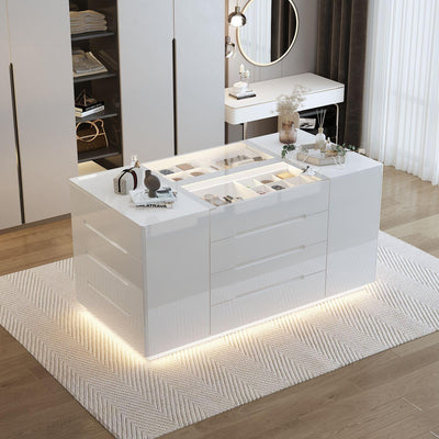 TAMUNE Armoire Bedroom Island Wardrobe Closet Island with 16 Drawers & Glass Tabletop, Island Dresser with Jewelry Organizer, Closet Island for Cloakroom White (63”W x 31.5”D x 31.5”H)