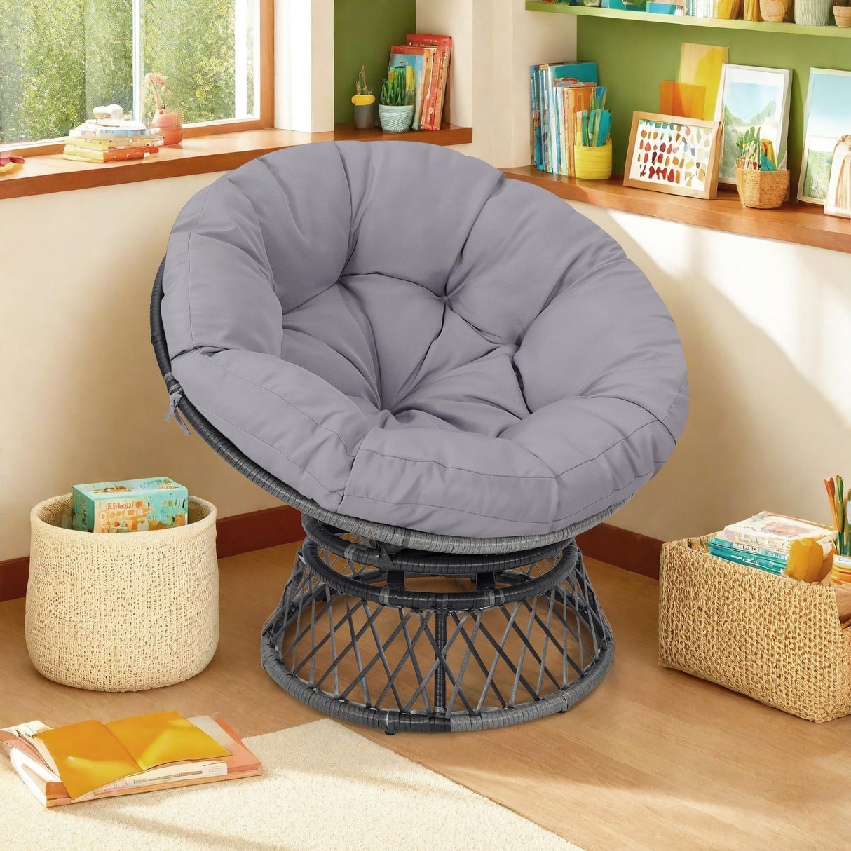 KROFEM 39" Wicker Papasan Circle Chair, 360° Swivel Living Room Chair, Indoor Outdoor Rattan Chair with Thick Cushion, Ideal for Teenagers, Kids, Grey Frame with Light Grey Cushion KROFEM