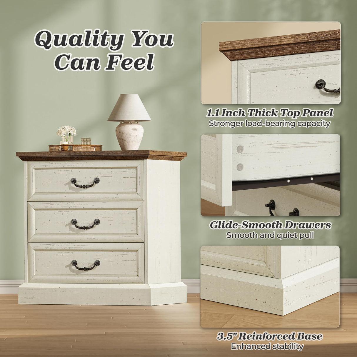 Huuger Nightstand with Charging Station, 3 Drawer Night Stand Set of 2, 22 Inch Wider Side Table with Storage, Farmhouse Nightstand with Vintage Handles, Thicken Base, for Bedroom, Distressed White Huuger