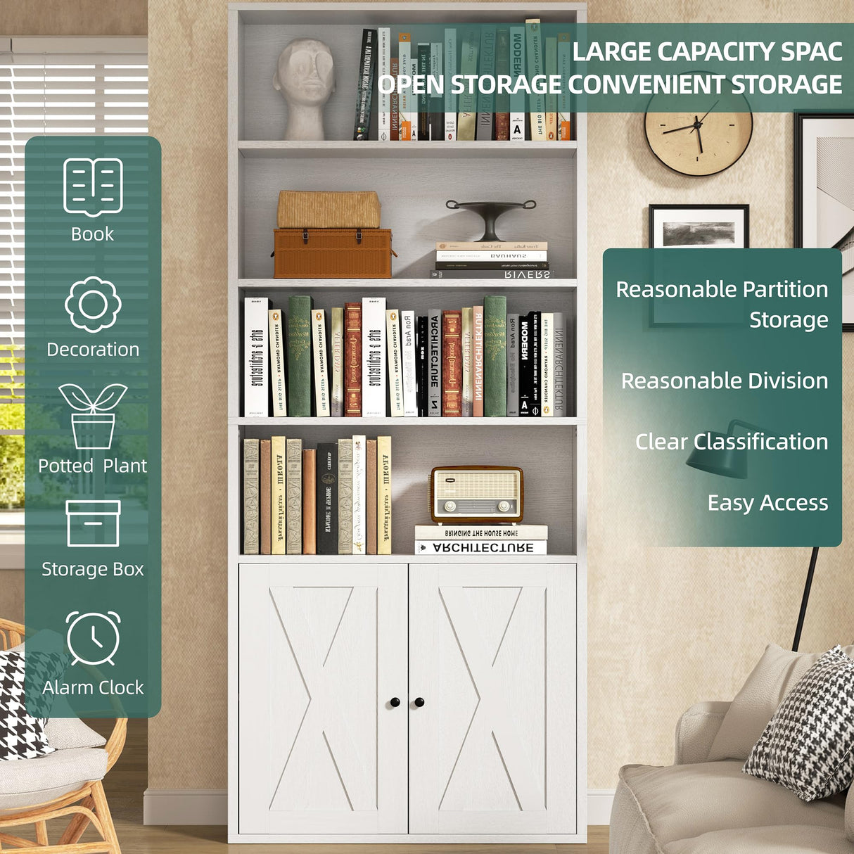 Shintenchi Bookshelf, Industrial Bookshelves and Bookcases with Doors Floor Standing 6 Shelf Display Storage Shelves 70.6 inches Tall Bookcase for Home Office, Living Room (White) Shintenchi