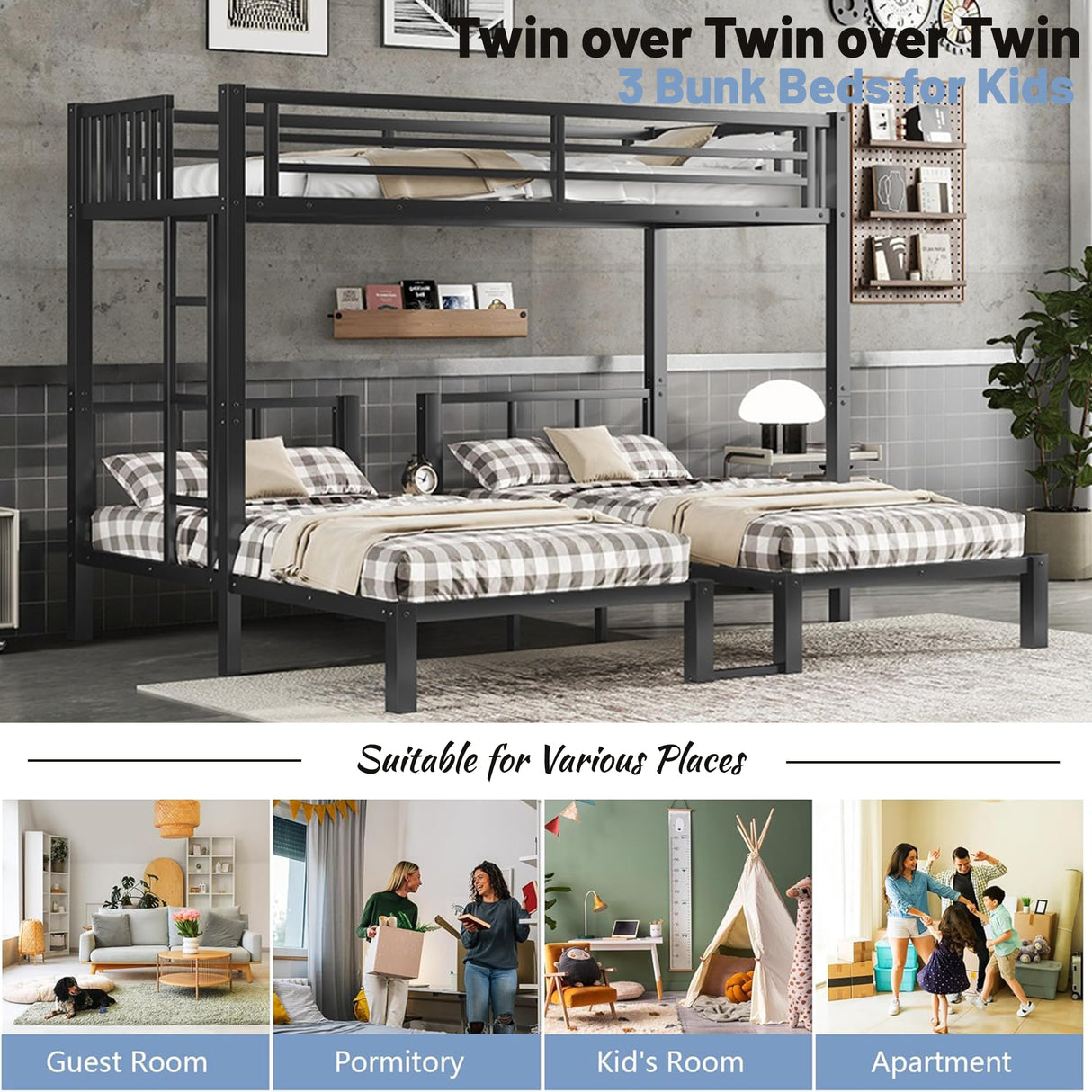 Mirightone Metal Triple Bunk Bed for Kids,Heavy Duty Triple Twin Bunk Bed with Ladder & Storage Shelf, Convertible 3 Bed Bunk Beds for Girls Boys Teens,Can be Separated into 3 Beds, Black Mirightone