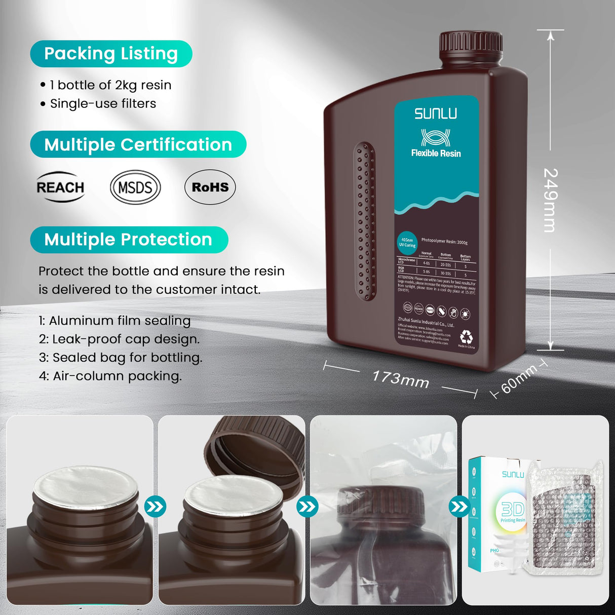 SUNLU Flexible 3D Printer Resin 2KG, 66A 3D Printing Resin for Printing Soft and Flexible Items, Bendable and Not Brittle, Fast Curing 405nm UV Photopolymer Resin. (2000G Gray) SUNLU