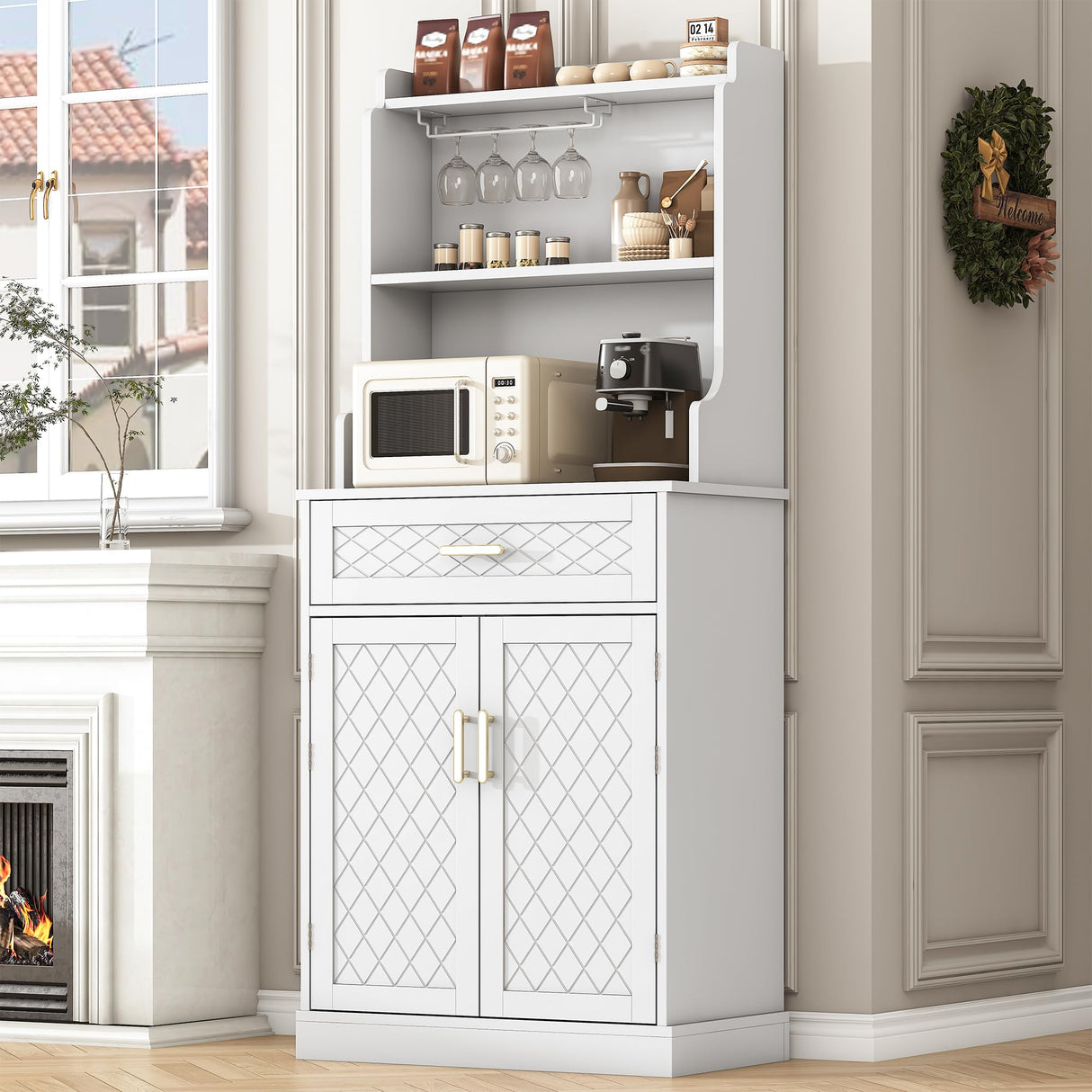 kepptory 66" Kitchen Pantry Cabinet with Microwave Shelf, Pantry Storage Cabinet with Adjustable Shelves and Drawer, Kitchen Buffet Cupboards Sideboard for Home Office Use (16" D x 24" W x 66" H) kepptory