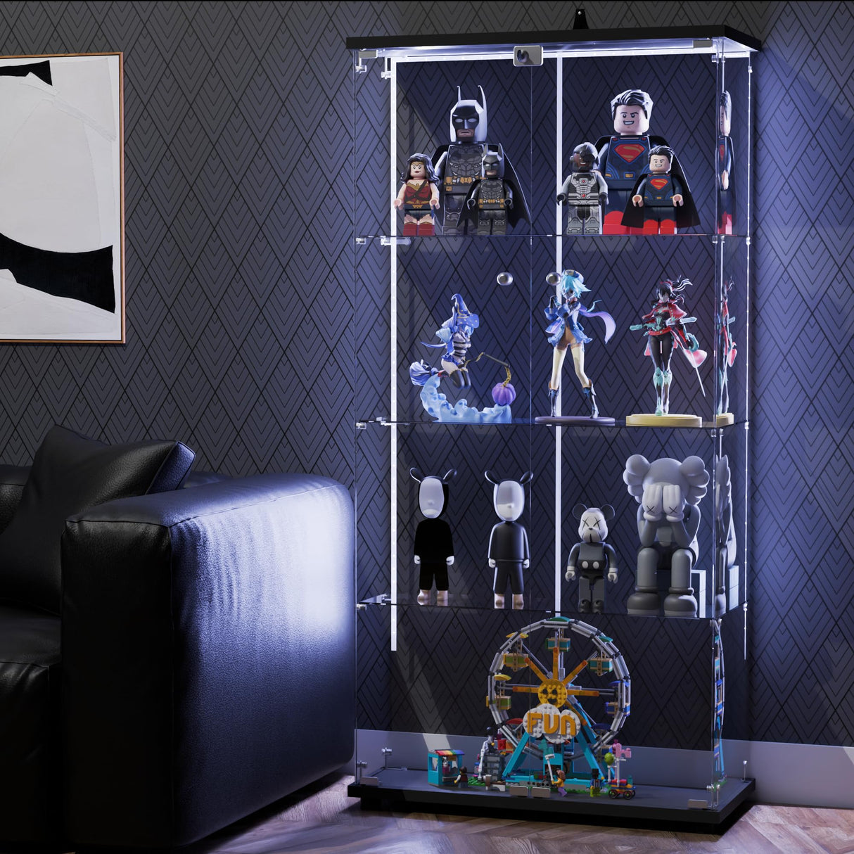 Casaphoria RGB Glass Display Cabinets, 4-Tier Display Cabinets with Glass Doors, Double-Doors Curio Cabinets, Toy Display Cabinets and Curio Cabinets for Collectibles Casaphoria