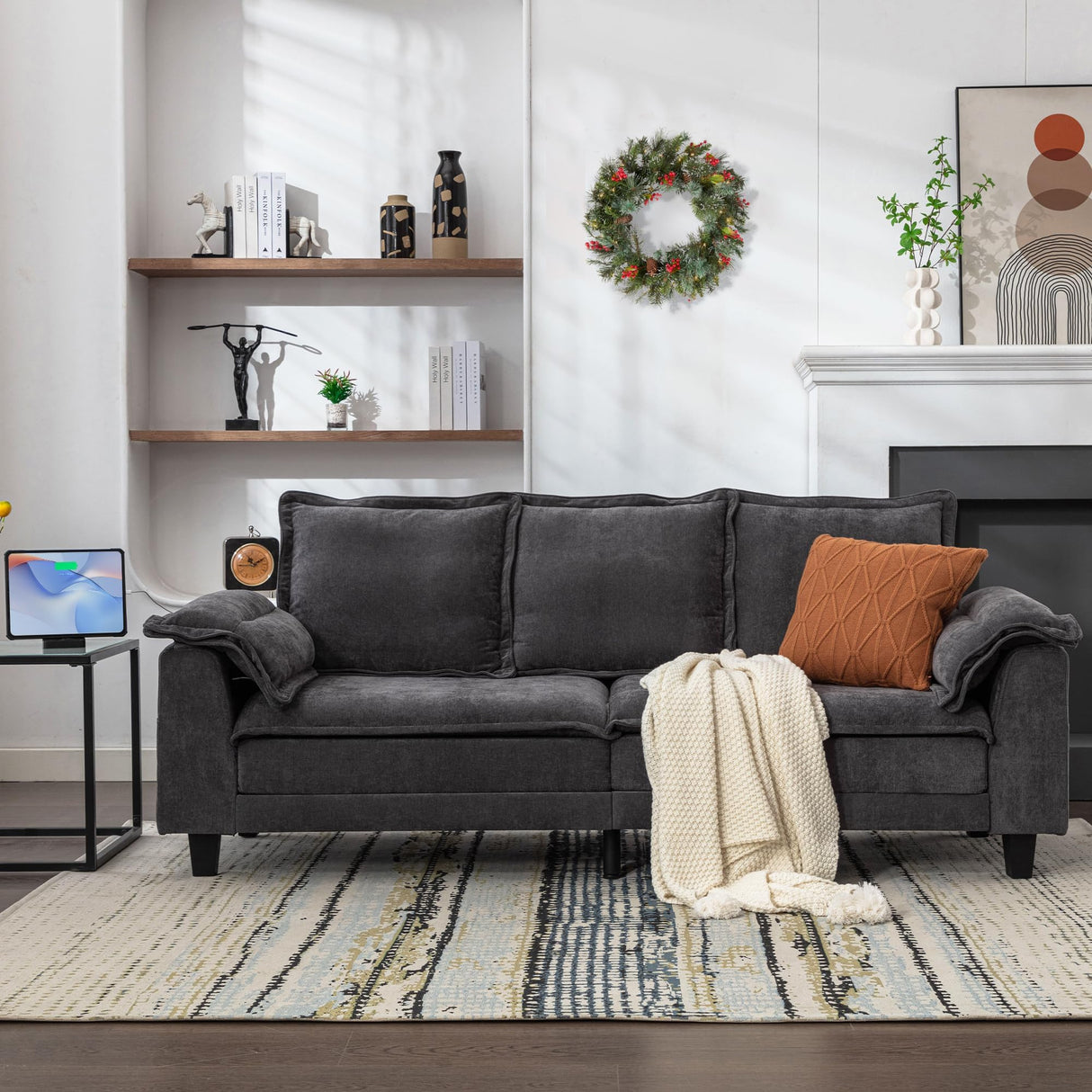 TYBOATLE 85" W Living Room Couch, Comfy Mid-Century Modern Grey Couch w/2 USB Charger & Wide Arms, 3 Seater Sofa w/2 Side Pockets for Bedroom, Apartment, Office TYBOATLE