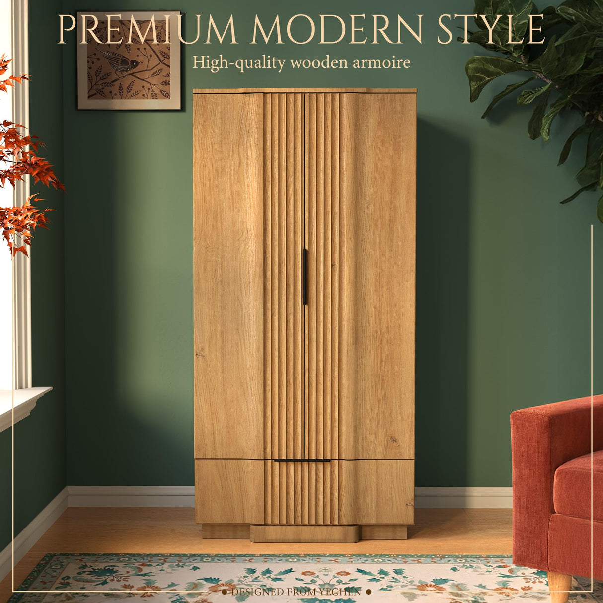 Yechen 64" Fluted Armoire Wardrobe Closet with Doors and Drawer, Wooden Wardrobe Closet Cabinet with Adjustable Shelve, Modern Small Armoires Storage Clothes, Coats for Bedroom, Natural Yechen