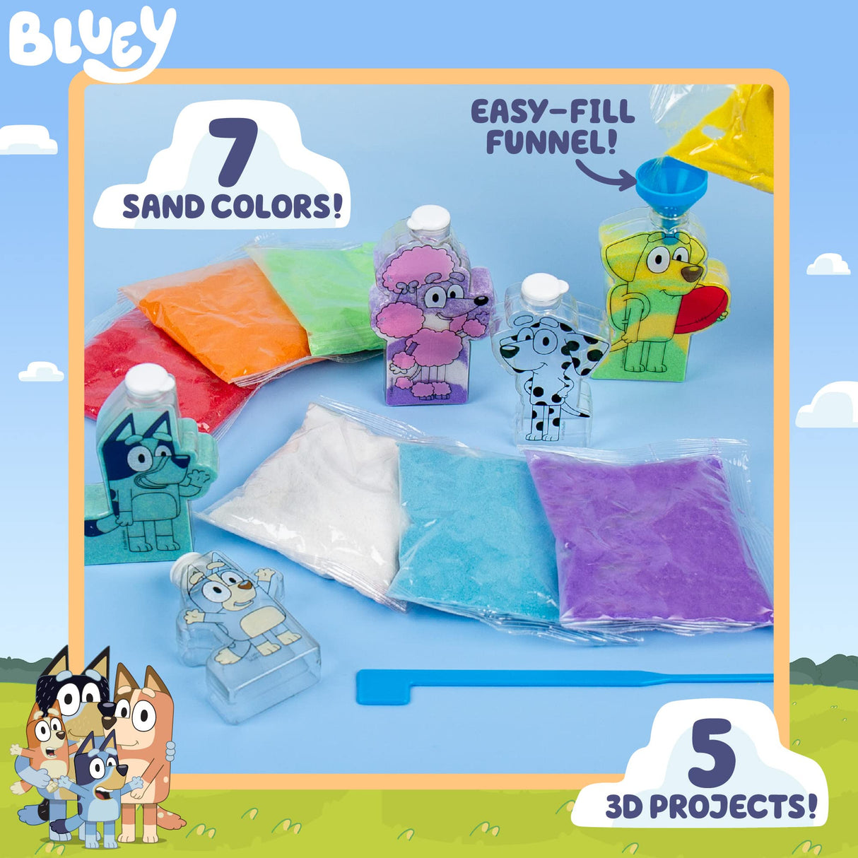 Bluey Sand Art Kit, Includes 5 Sand Art Bottles & 7 Colored Sands, Create Your Own Sand Art, DIY Kit, Fun Art Project for Kids Aged 6+ Bluey
