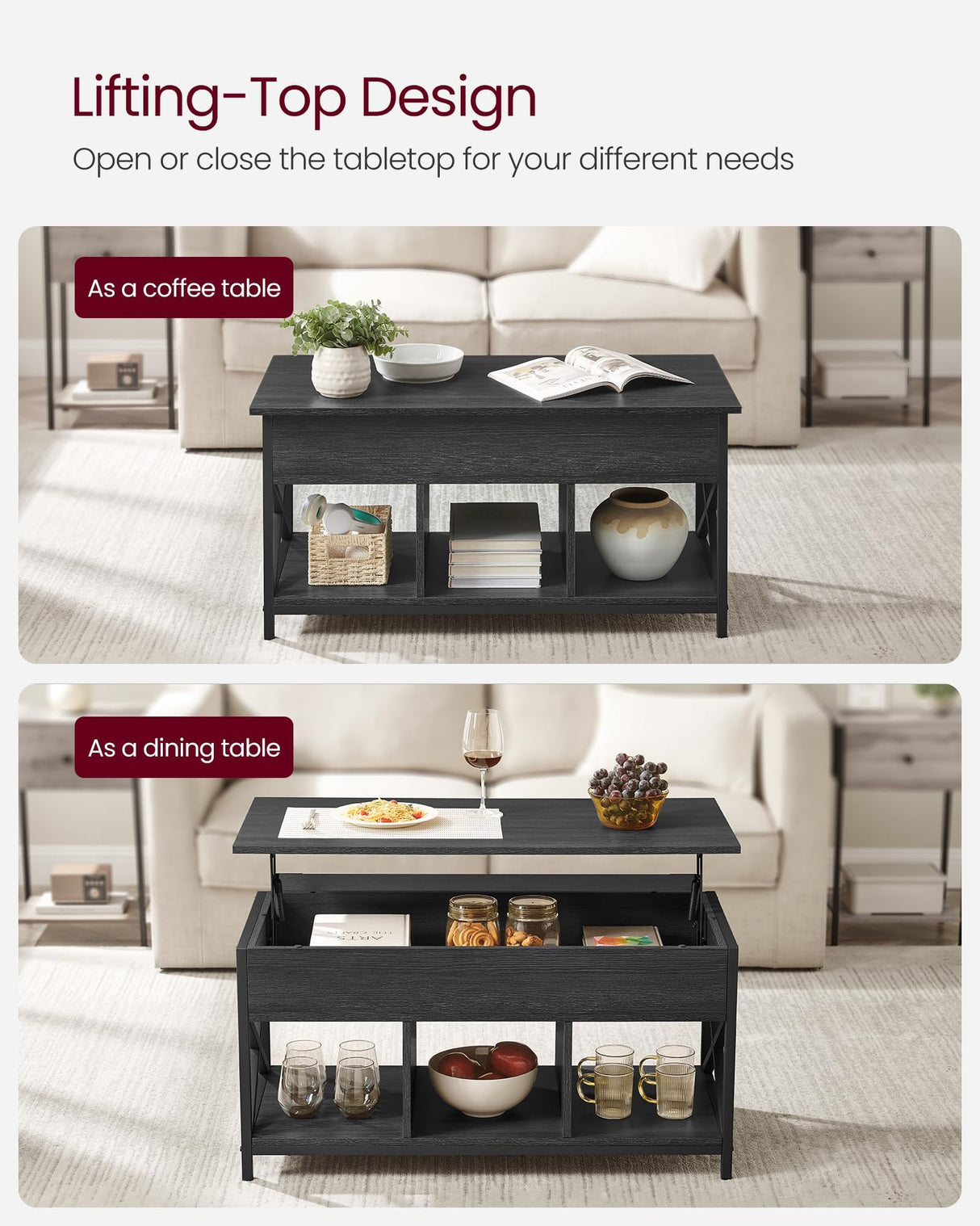 VASAGLE Lift Top Coffee Table, Lift Coffee Table with Storage Shelf, Hidden Compartments and Lifting Top, for Living Room, Office, 19.7 x 39.4 x (19.3-24.4) Inches, Black with Wood Grain ULCT202B22 VASAGLE