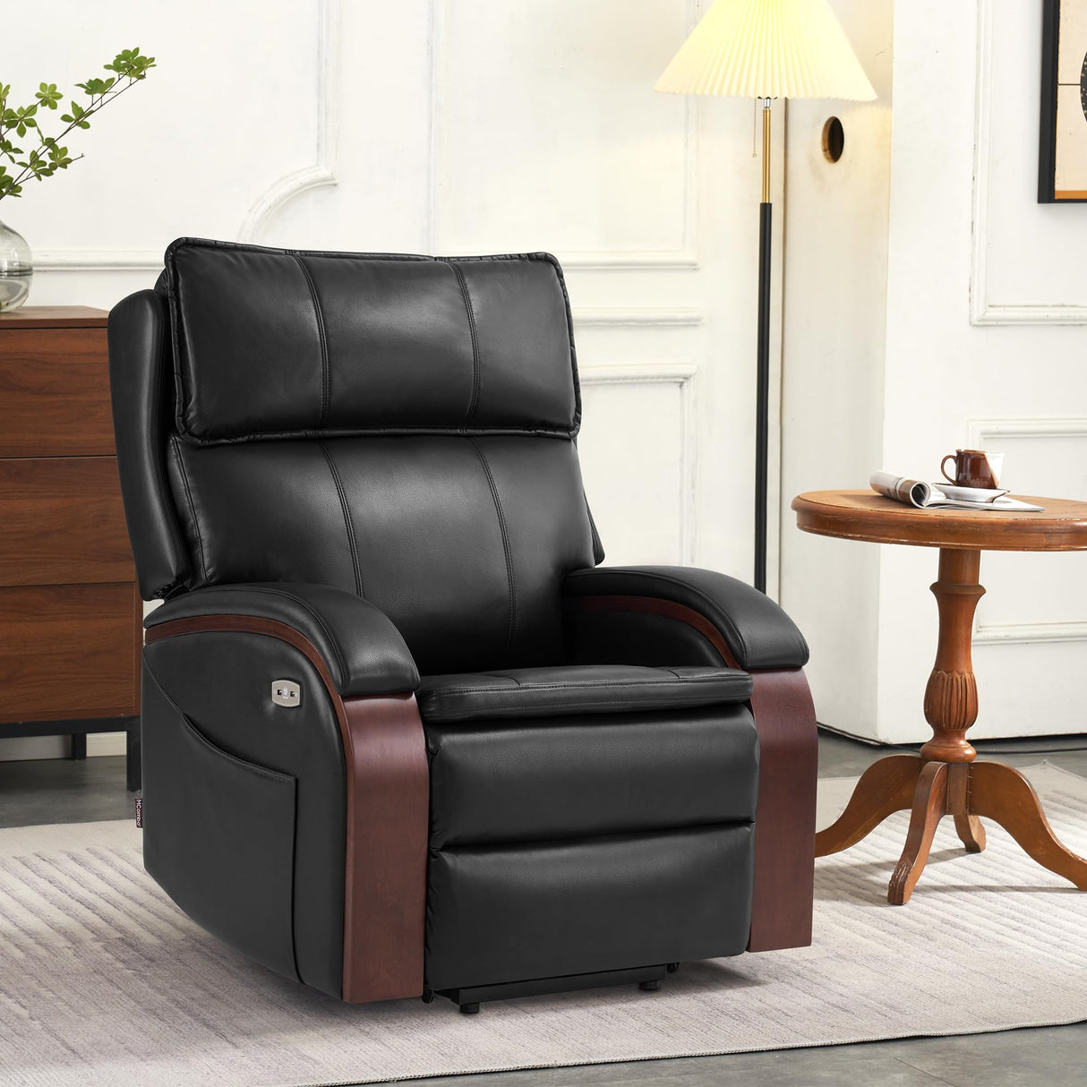 MCombo Power Lift Recliner Chair Sofa with Massage and Heat, Adjustable Headrest for Elderly People, Solid Wood Armrest, USB Ports, Side Pockets, Faux Leather 7917 (Black, Medium) MCombo