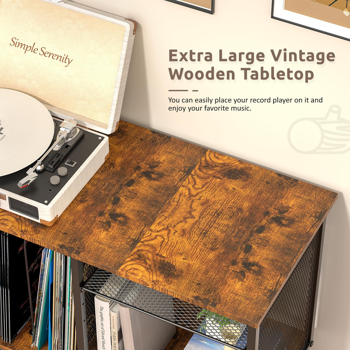 Record Player Stand with Adjustable Divider, Vinyl Storage Holder Up to 200 Albums, Mid-Century Large Record Player Table, Vinyl Holder Turntable Stand End Table Storage Rack for Bedroom & Living Room Simple Serenity