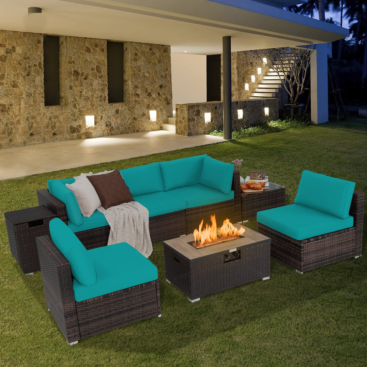 RELAX4LIFE 8-Piece Patio Furniture Set - Rattan Wicker Sectional Sofa Set w/Cushions, 32’’ Outdoor Gas Propane Fire Pit Table & Tank Holder, 40000 BTU Heat Output, PVC Cover for Firepit (Turquoise) RELAX4LIFE