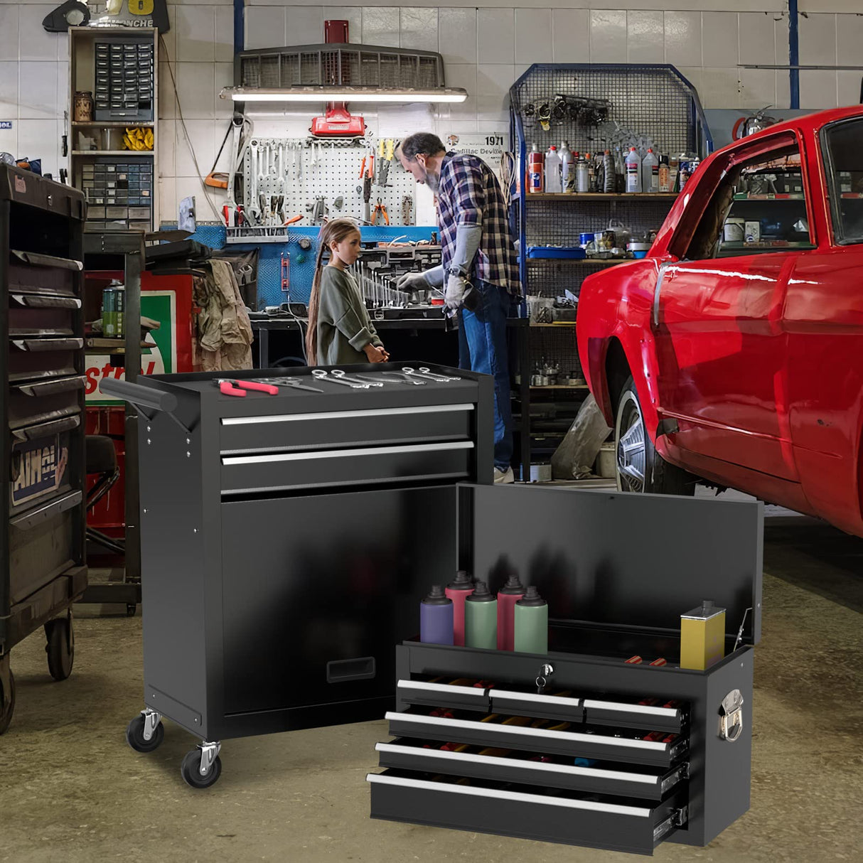 Granper High Capacity 8-Drawer Tool Chest, Tool Box with Wheels, Movable Rolling Tool Chest, Tool Chest with Wheels, Heavy Duty Tool Cabinet for Workshop, Garage and Repair Room(Cool Black) Granper