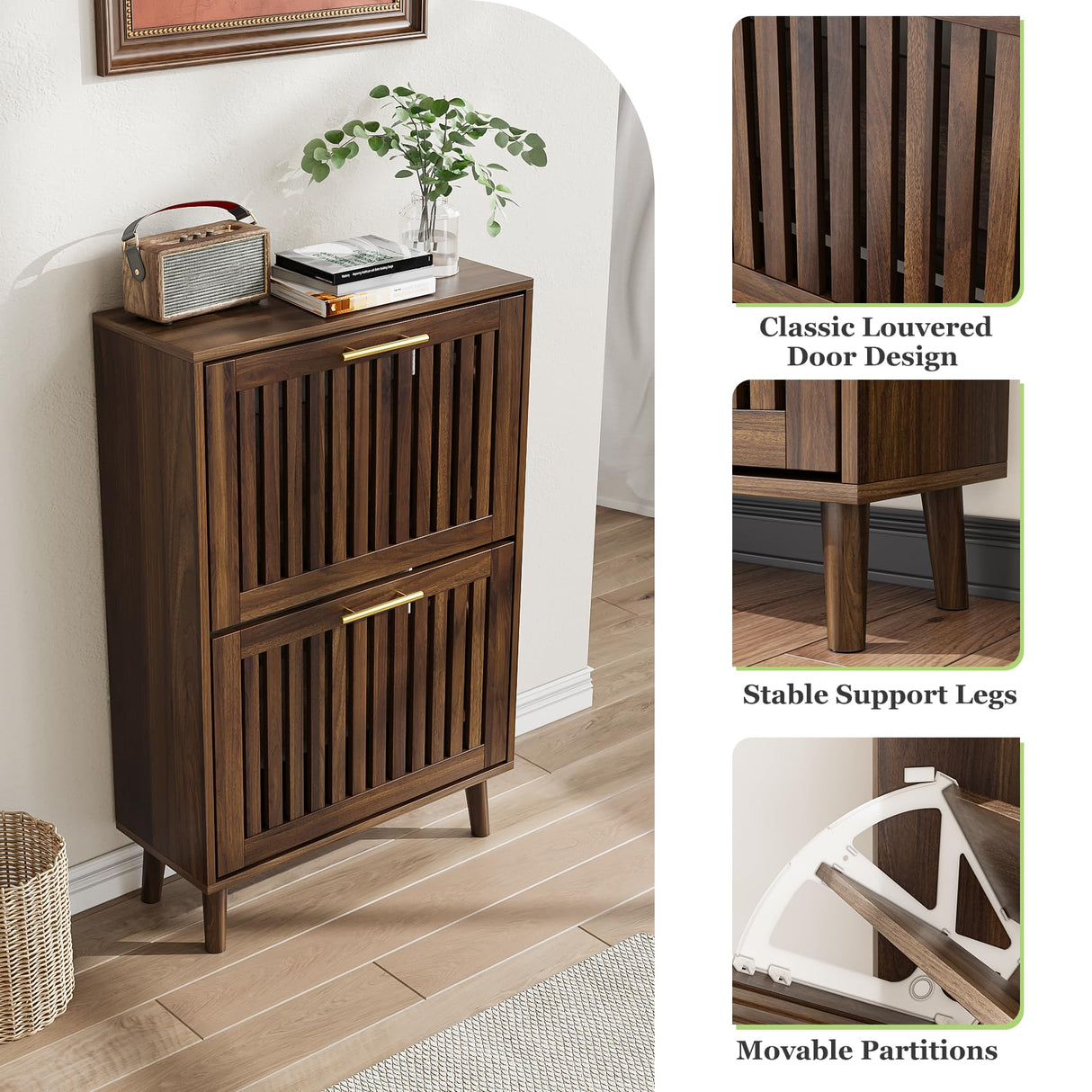 Shoe Cabinet, Shoe Storage Cabinet with Louvered 2 Flip Drawers, Narrow Shoe Cabinet Storage for Entryway, Freestanding Shoe Organizer Cabinet with Golden Handles, Slim Shoe Rack Cabinet (Walnut) Algherohein