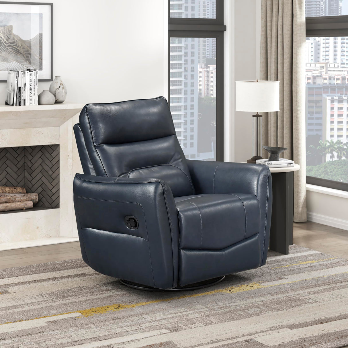 Lexicon Swivel Glider Reclining Chair, Top Grain Leather Match Manual Recliner, Comfy Nursery Glider Recliner, Swivel Reclining Chair for Living Room/Office/Bedroom/Apartment, Dark Blue Lexicon