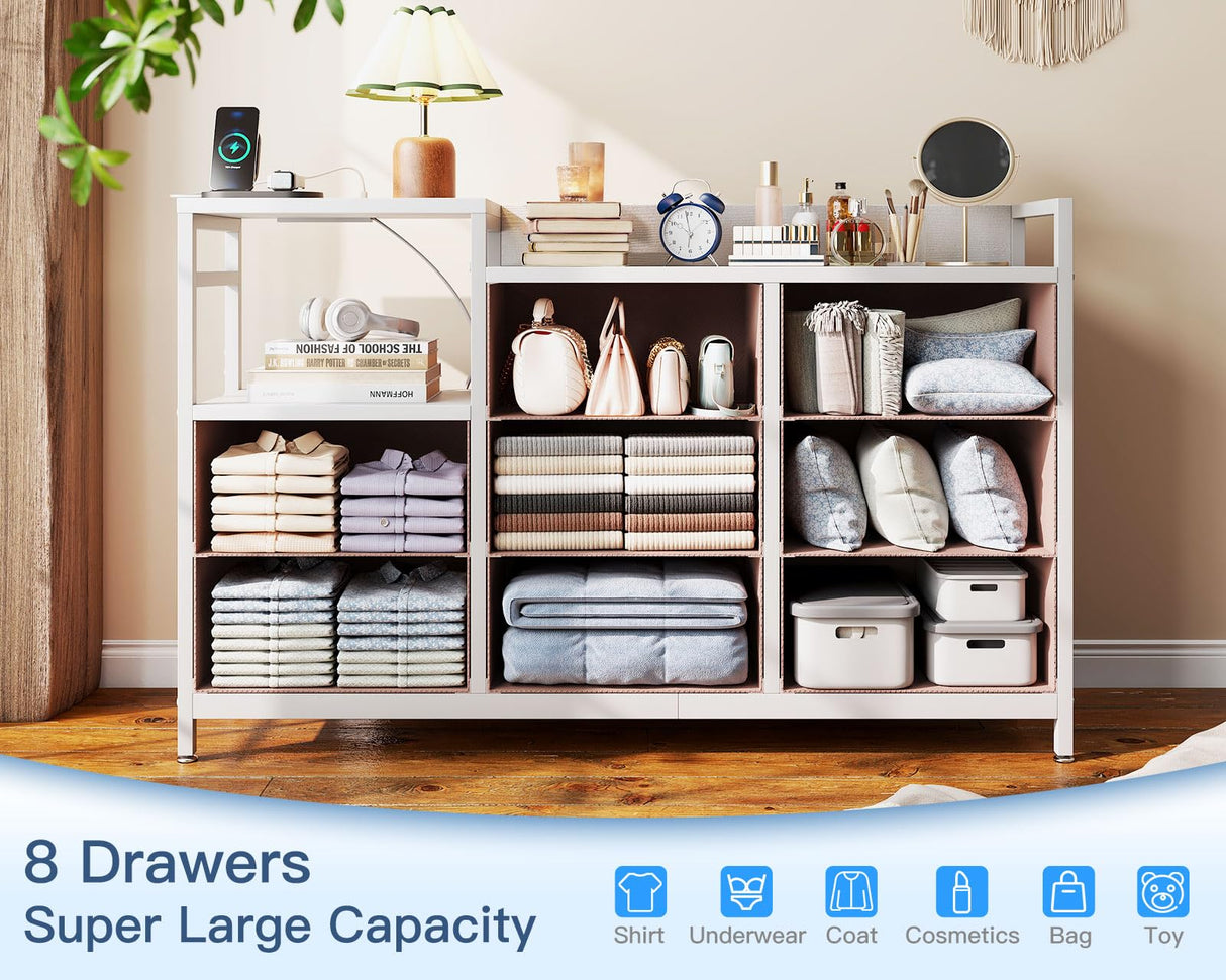 Casaottima Dresser for Bedroom with Charging Station, 52" Long Dresser with 8 Storage Drawers, Large Fabric Dressers Chests of Drawers with Shelves, Pink Casaottima