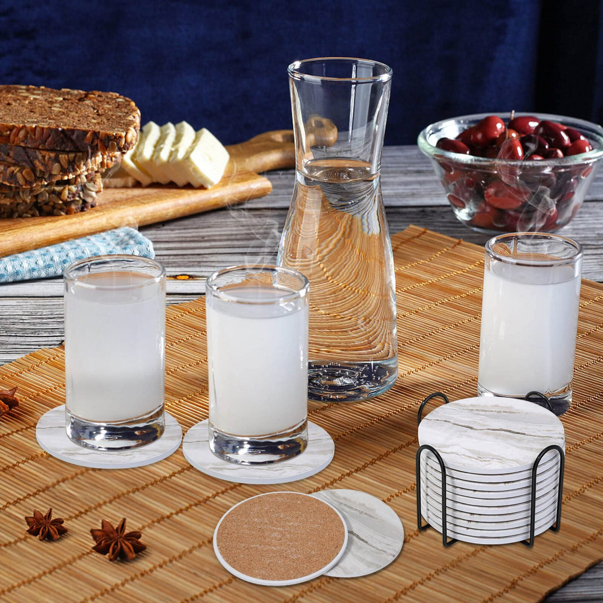 Acejoz Drink Coasters with Holder for Coffee Table, Absorbent Coaster Sets of 6, Marble Style Ceramic Coaster for Wooden Table, Suitable for Kinds of Cups, Home Decor, 4 Inches Acejoz