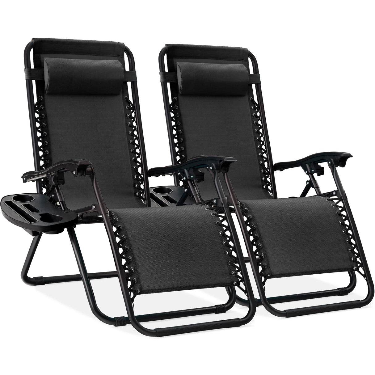 Best Choice Products Set of 2 Adjustable Steel Mesh Zero Gravity Lounge Chair Recliners w/Pillows and Cup Holder Trays - Black Best Choice Products