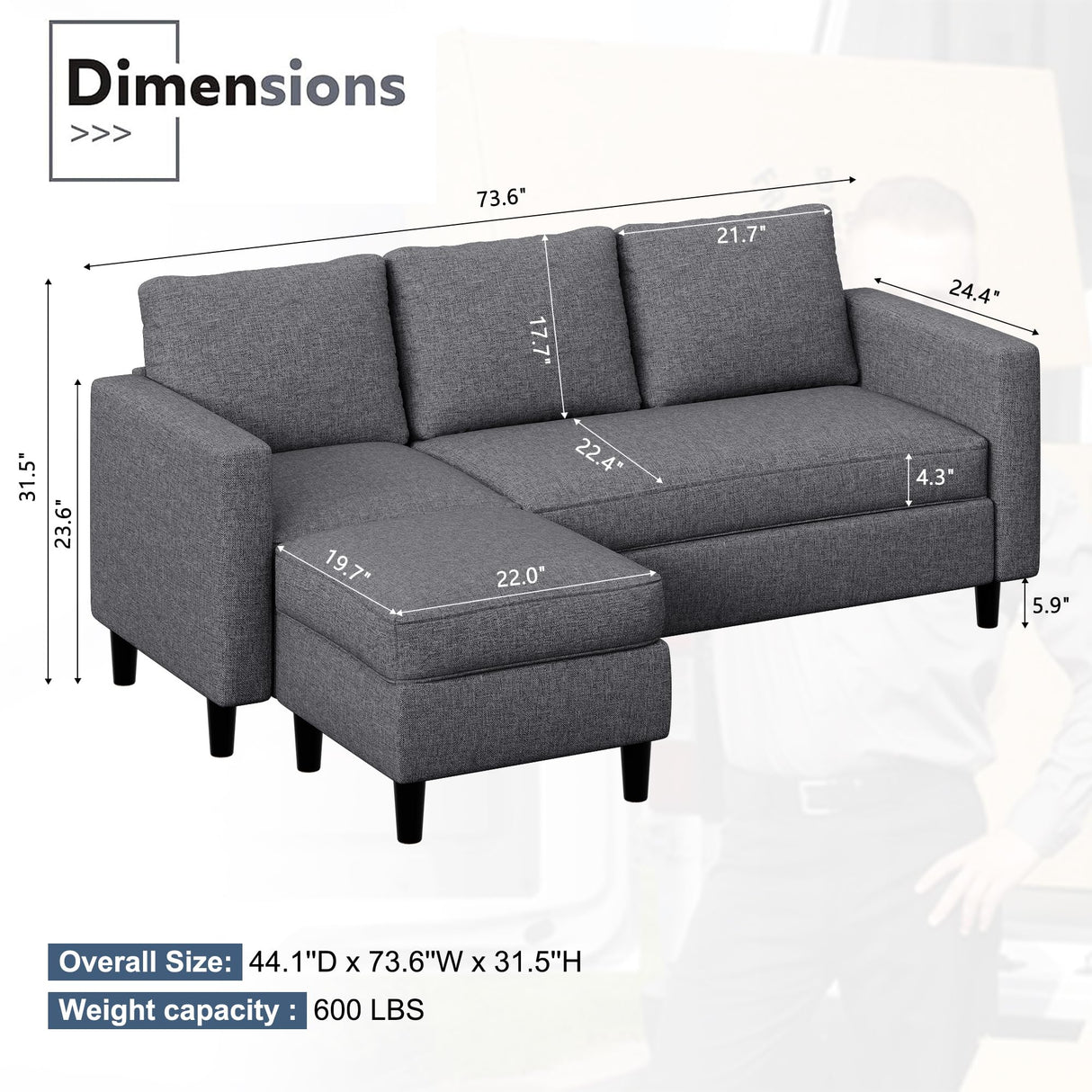 JAMFLY L Shaped Couch Sofa for Living Room, Small Sectional Sofa Couch with Breathable Fabric, Reversible Chaise, Dark Grey JAMFLY