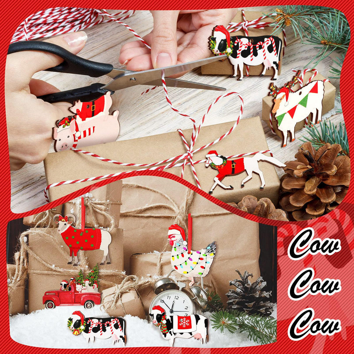 24 Pcs Wooden Farm Animal Christmas Ornaments Wooden Christmas Farmhouse Rustic Ornaments Hanging Red Truck Christmas Tree Decorations Cow Pig Rustic Christmas Decor Ornaments for Xmas Trees Crafts Gerrii