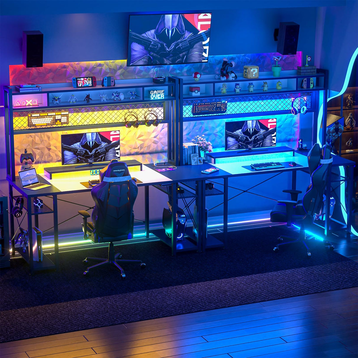 iSunirm 55 Gaming Desk with Hutch, Large Computer Desk with LED and Charging Station, Home Office Desk with Pegboard, Power Outlet, Storage and Monitor Stand, 55.2'' Gamer Desk PC Table, White iSunirm