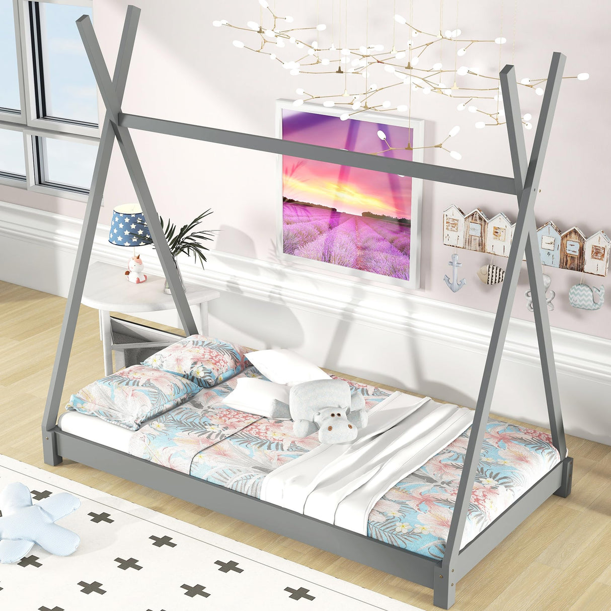 Bellemave Twin Montessori Floor Bed Frame with Sturdy Triangle Structure in Gray Bellemave