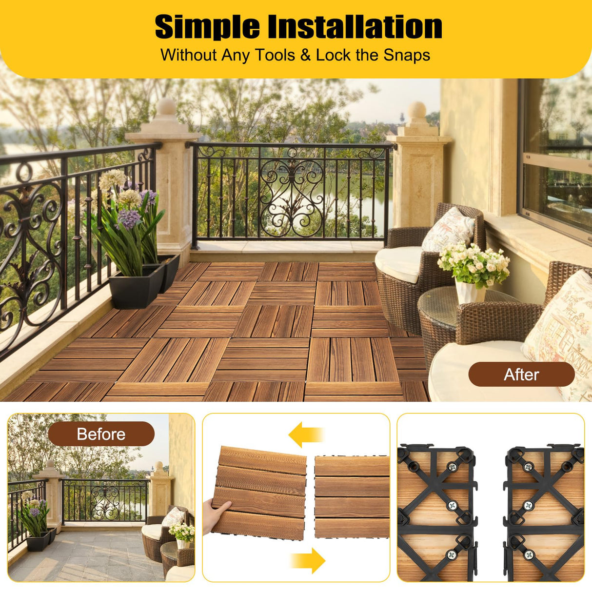 36pcs Hardwood Interlocking Patio Deck Tiles, 12"x12" All Weather Balcony DIY Flooring Tiles Acacia Waterproof Wood Flooring Tiles Portable Snap Click Together Patio Tiles for Indoor or Outdoor use DDYOOK