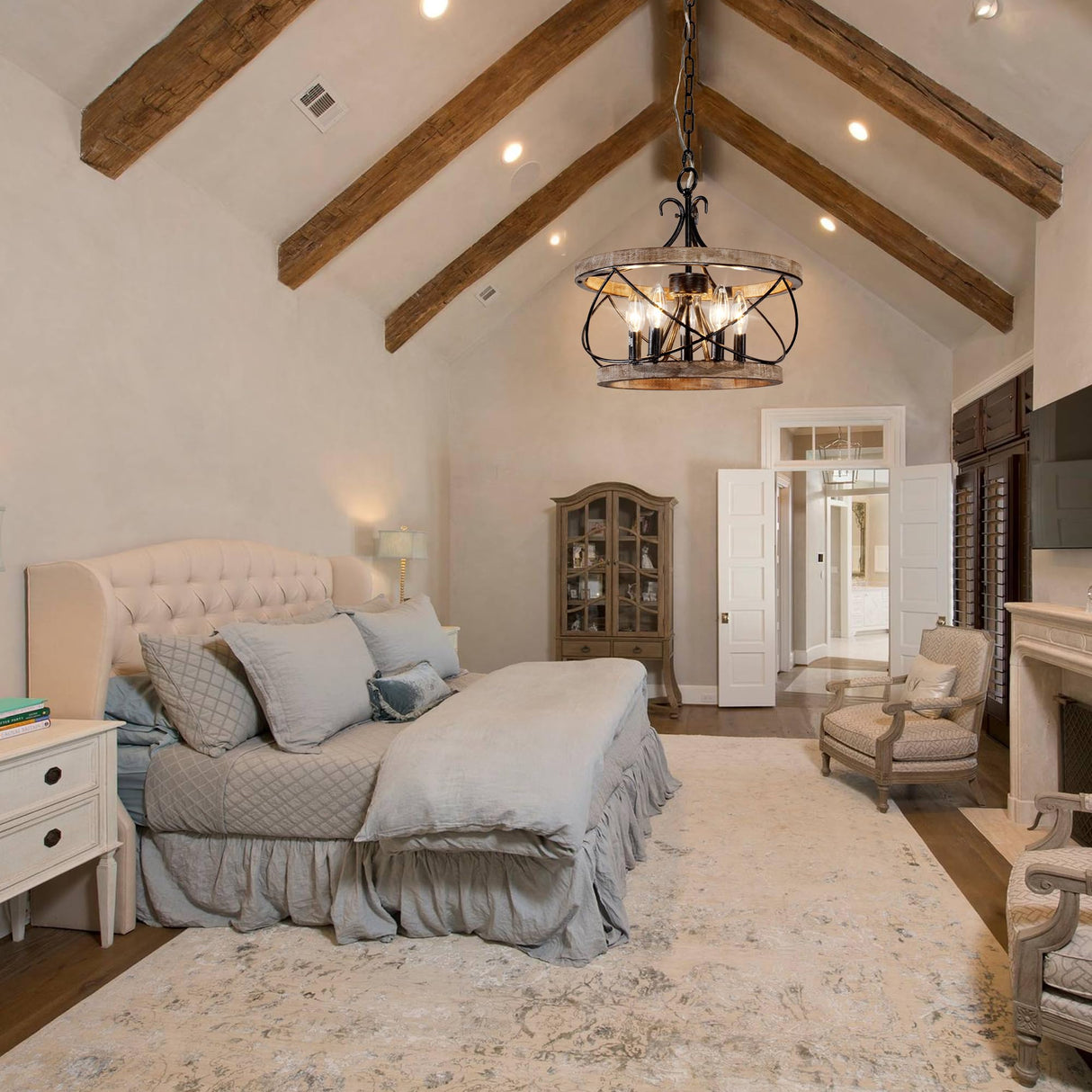 20" Farmhouse Chandelier, 5-Light French Country Drum Chandelier Over Table, Wood Chandelier for Kitchen Island Dining Room Entryway Chords Attic