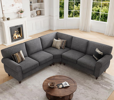 ONBRILL 101" L Shaped Couch, Sectional Corner Sofa with Rolled Arms, 5 Seater Chenille Fabric Couch w/Springs Seat Cushion, Wooden Legs, Comfy Oversized Sofa for Living Room, Apartment, Grey