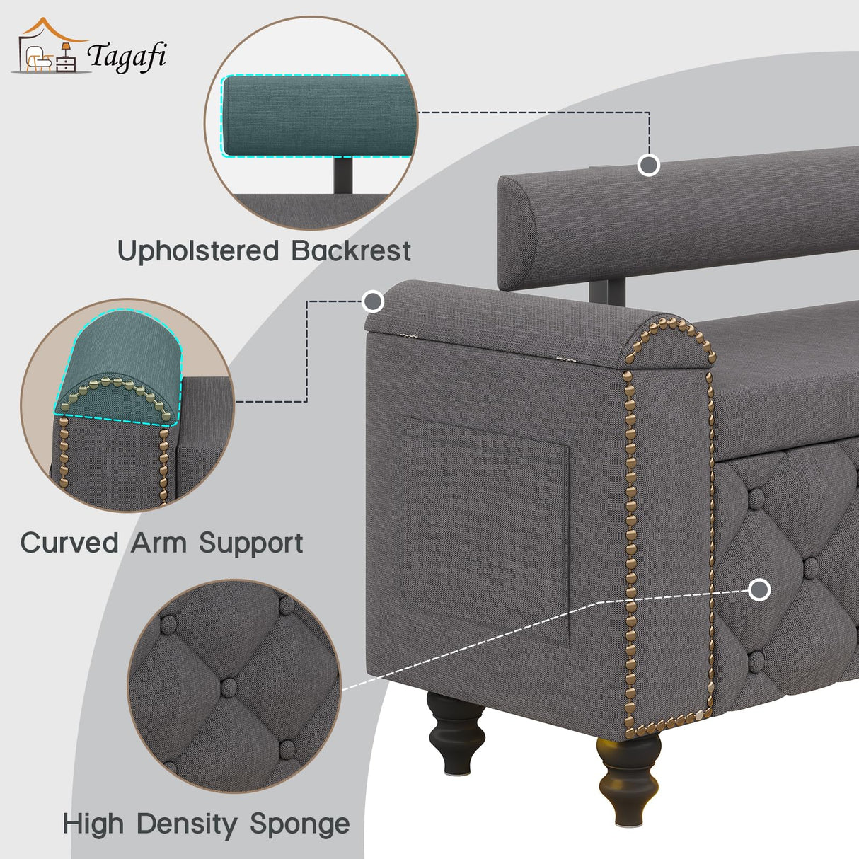 51" Ottoman with Storage, Storage Ottoman Bench with Upholstered Backrest, Tufted Entryway Bench with Curved Arm Support, End of Bed Bench with LED Lights,Storage Bench for Bedroom,Living Room,Grey Tagafi