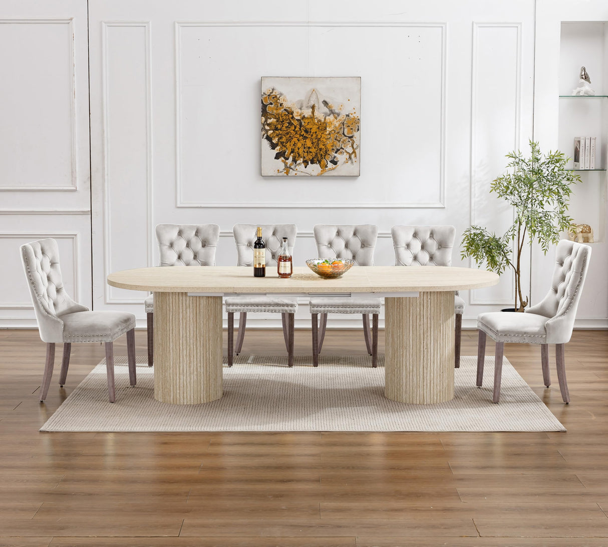 63"-94" Large Extendable Dining Room Table Set for 10, 11-Piece Oval Dining Table Set with 10 Beige Upholstered Chairs, Space Saving Farmhouse Expandable Kitchen Table Set with Fluted Wood Base Pvillez