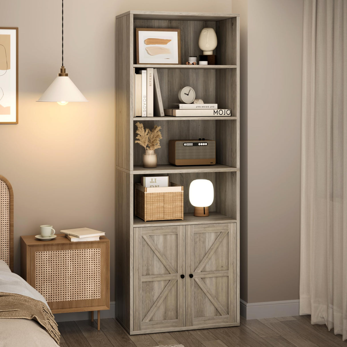 IDEALHOUSE Bookcase with Doors Industrial Bookshelf 11.8in Depth Display Storage Shelves 71.4in Tall Farmhouse Bookcases Wooden 6 Shelf Bookshelvels for Bedroom, Living Room, Home Office, Grey IDEALHOUSE