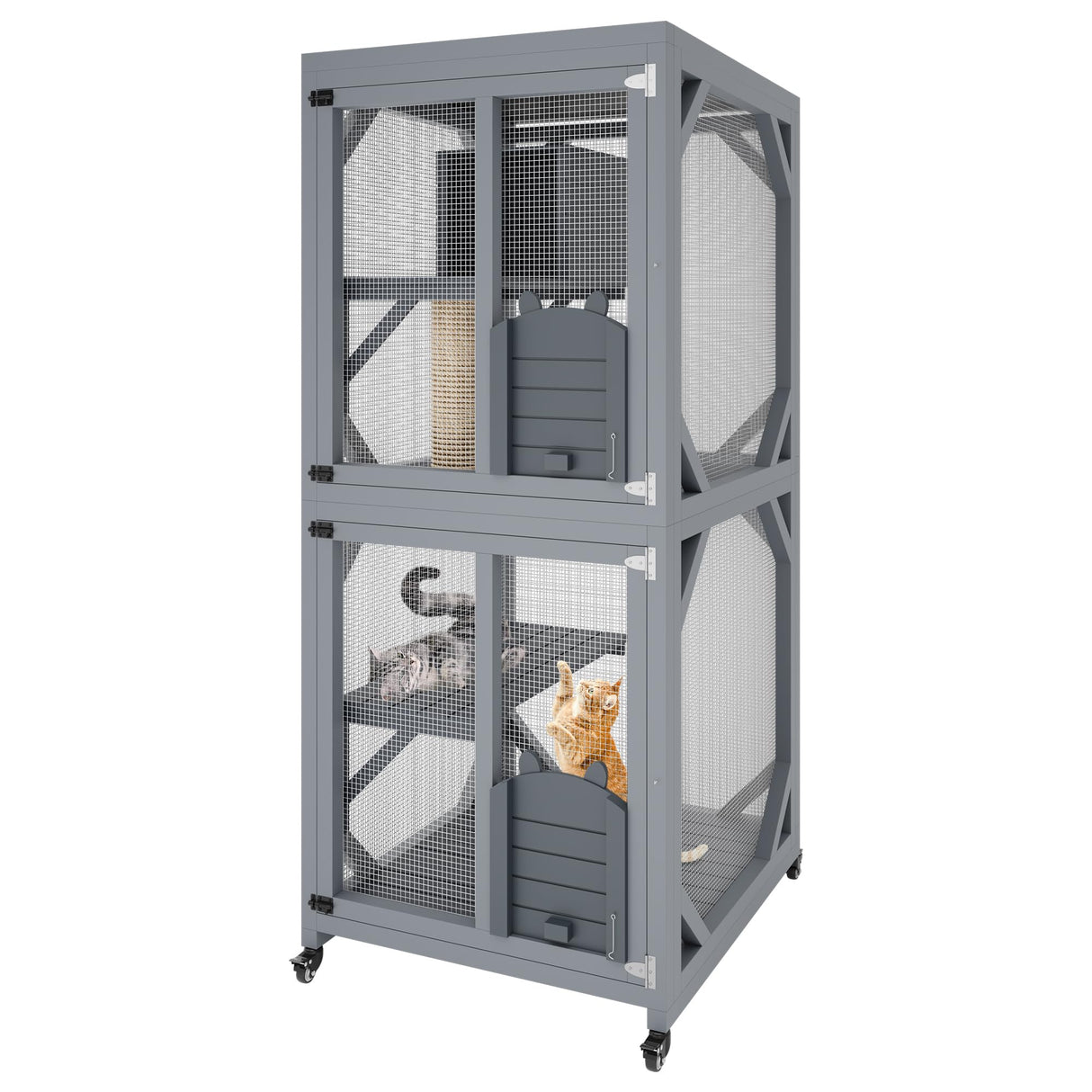 4 Tier Wood Catio Outdoor Window Cat Enclosure, Cat House On Wheels with Scratch Post, Resting Box, 4 Platforms, 2 Sliding Doors & Weatherproof Roof, Cats Kitty Condo Cage Shelter Playpen CuisinSmart