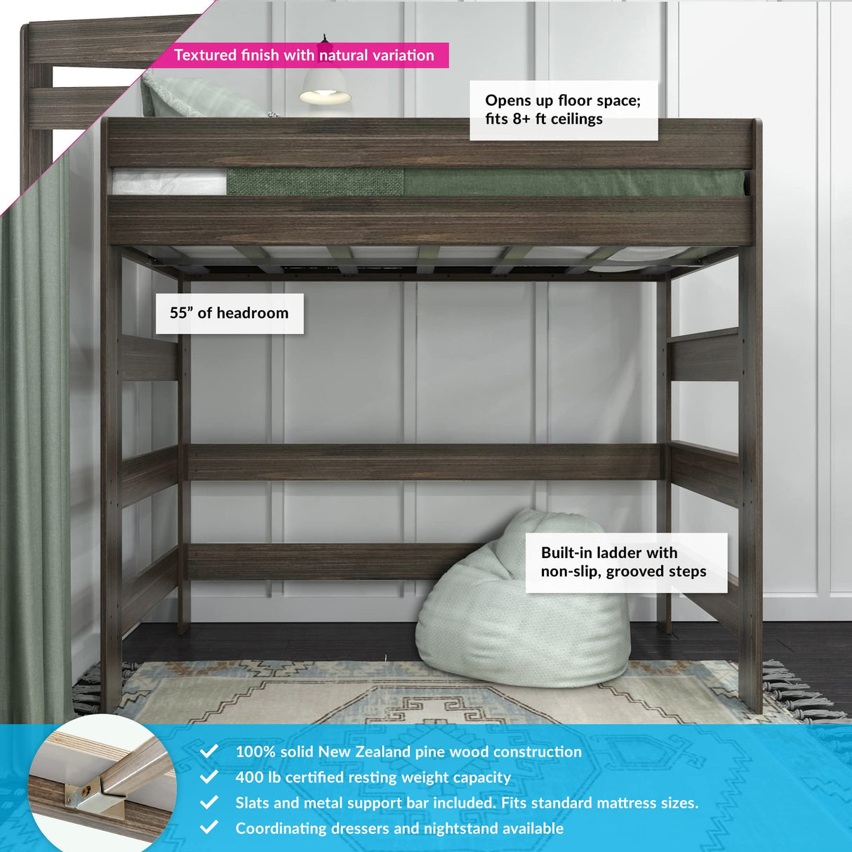 Max & Lily Modern Farmhouse High Loft Bed, Twin Bed Frame For Kids, Barnwood Brown Max & Lily