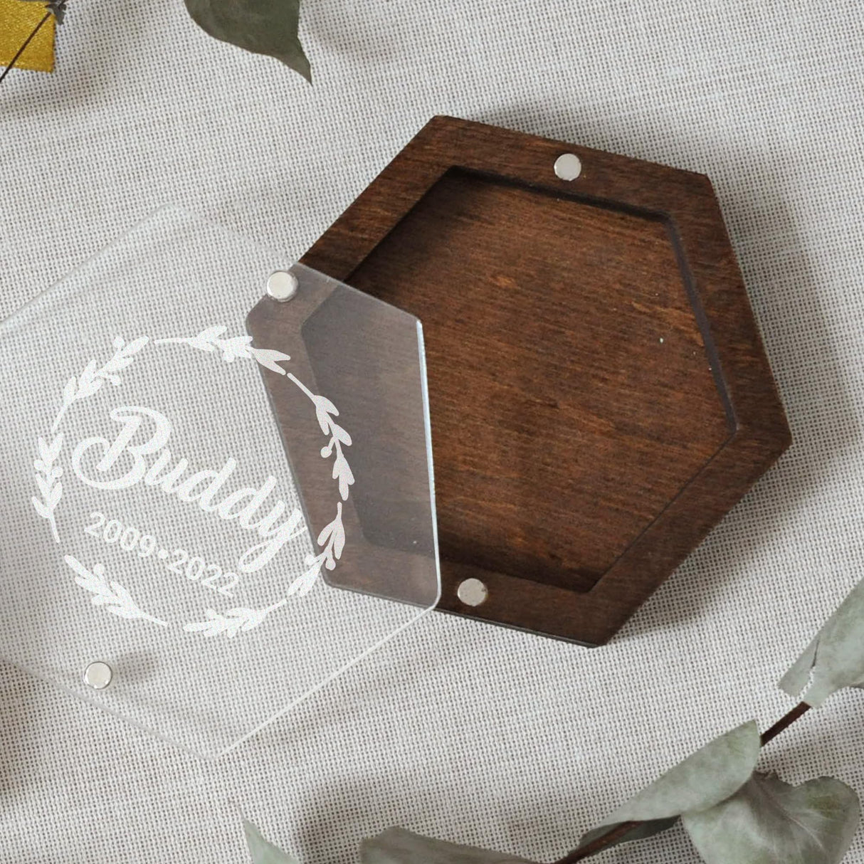 Personalized Pet Hair Keepsake Box for Dog and Cat Fur - Engraved Wood Memorial Box - Unique Customized Gift for Loss of Furry Friend Wooden (Dark Diamand Clear Lid) L-site