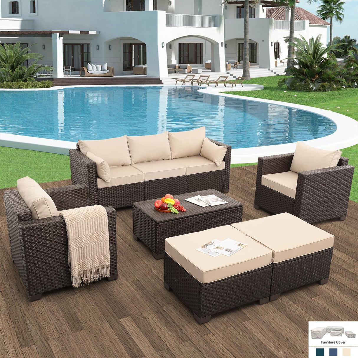 Rattan Star 6 Pieces Patio Outdoor Furniture Outdoor Conversation Sets Wicker Sofa Set with Outdoor Couch Patio Chairs Storage Coffee Table Khaki Cushions Waterproof Covers Rattan Star