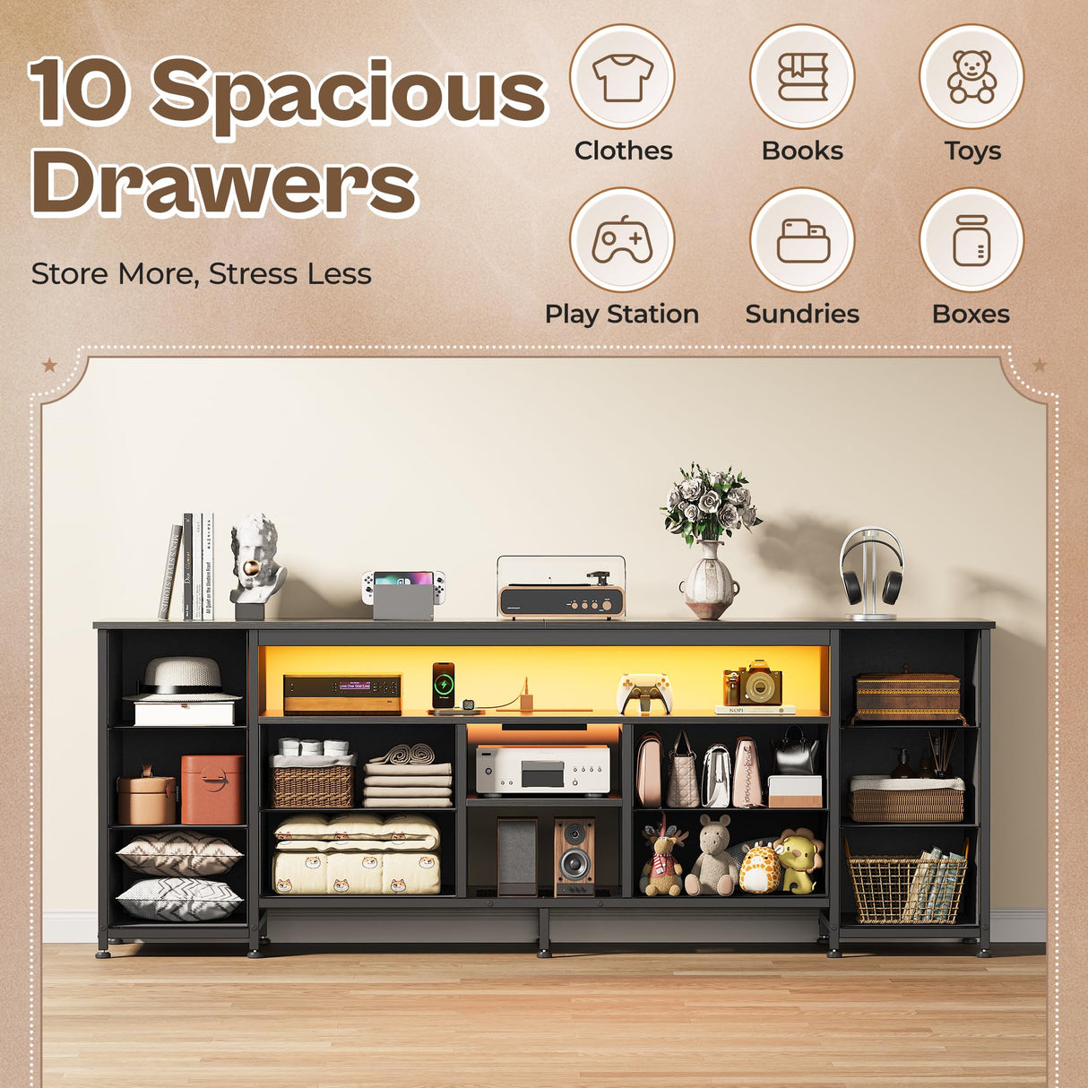 Huuger 63 Inch LED TV Stand Dresser with Power Outlets, USB-C Port and LED Lights, 10 Fabric Drawer Dresser for Bedroom, Long Entertainment Center for 65, 70 Inch TV, Open Shelves, PU Leather, Black Huuger