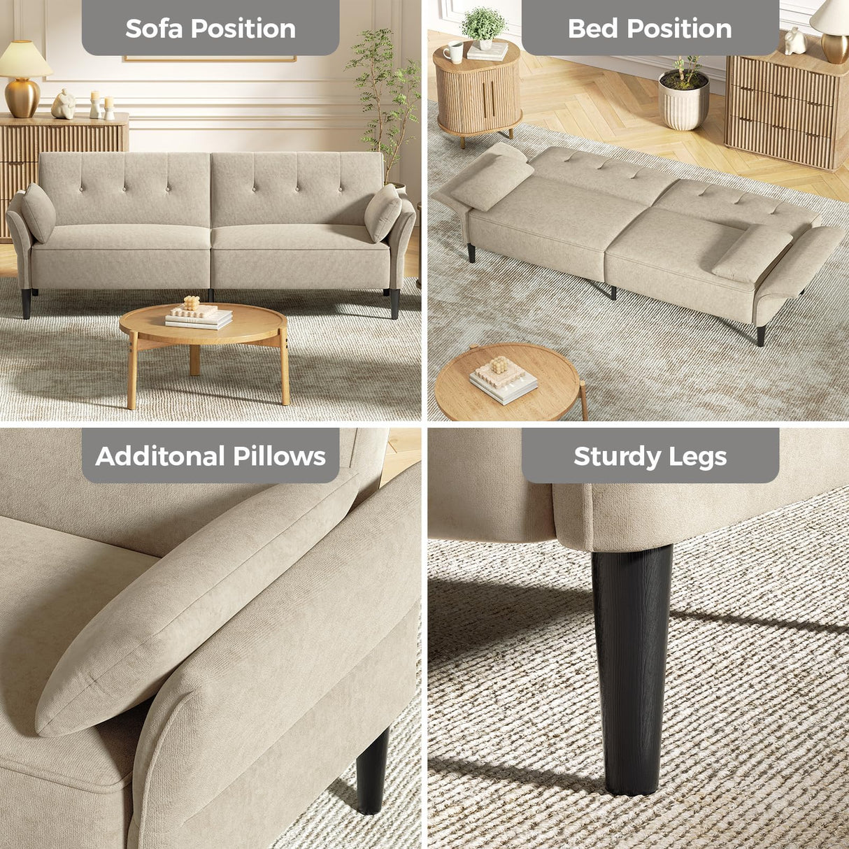 COPIAE 89” Futon Sofa Bed, Velvet Fabric Comfy Futon Couch Bed with 2 Square Pillows, Convertible Sleeper Sofa with Adjustable Backrest& Armrests, Modern Loveseat Sleeper for Living Room, Beige COPIAE