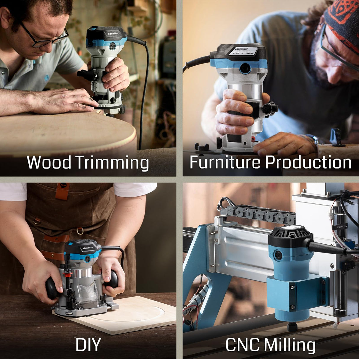 Genmitsu 1.25 HP 65mm Diameter Palm Trimmer Router, Compact Router Wood Tool With Fixed Base, 6 Variable Speeds 10000-30000 R/MIN, with 1/4“ Collet, Perfect for CNC Woodworking & DIY Project Genmitsu