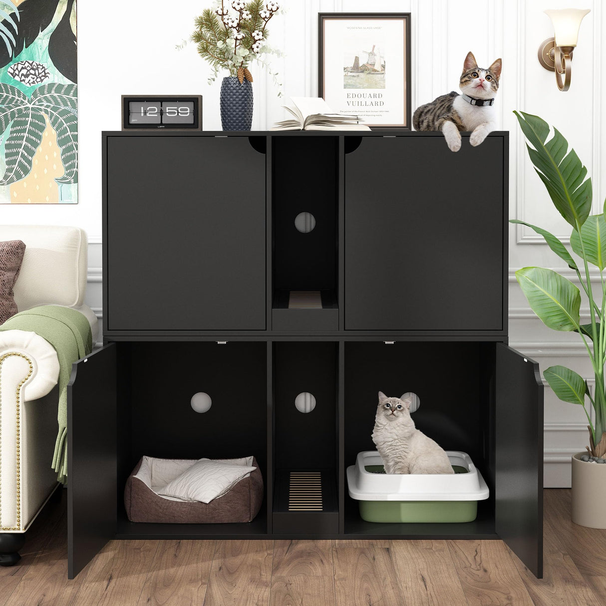 DAWNSPACES Large Cat Litter Box Enclosure for 2 Cats, Modern Wood Stackable Large Cat Washroom Storage Cabinet Bench End Table Furniture,with Removable Litter Box, Black DAWNSPACES