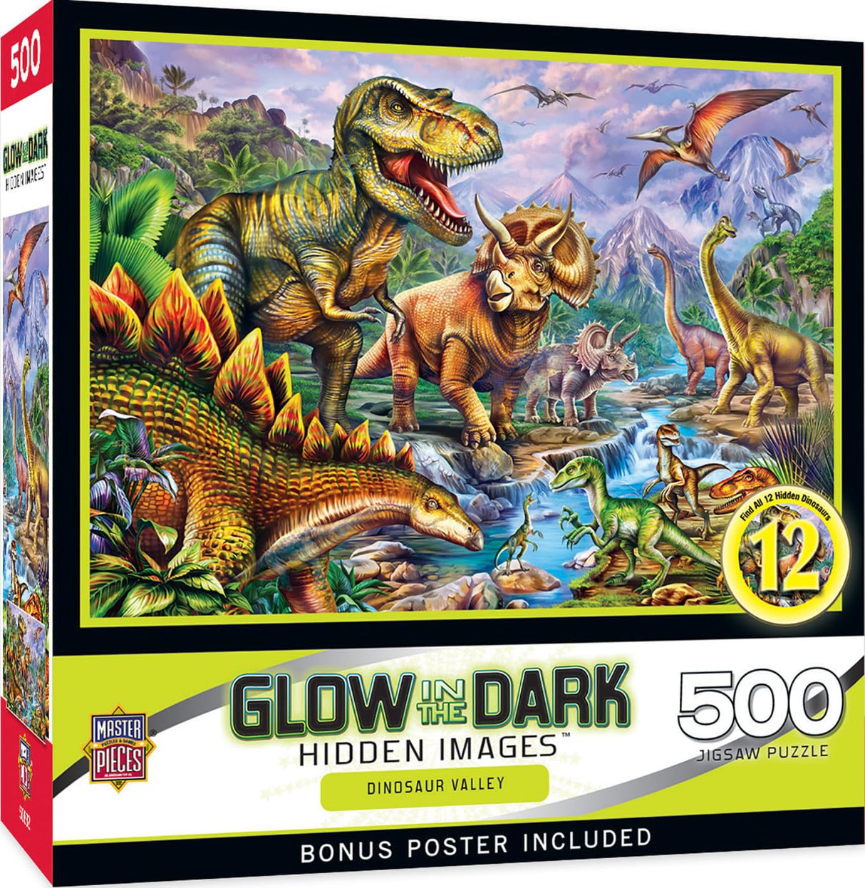 MasterPieces - 500 Piece Jigsaw Puzzle, Glows in The Dark, Hidden Images, Dinosaur Valley, Fun for Adults, Family, Kids, 15" x 21" Masterpieces