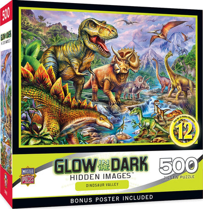 MasterPieces - 500 Piece Jigsaw Puzzle, Glows in The Dark, Hidden Images, Dinosaur Valley, Fun for Adults, Family, Kids, 15" x 21"