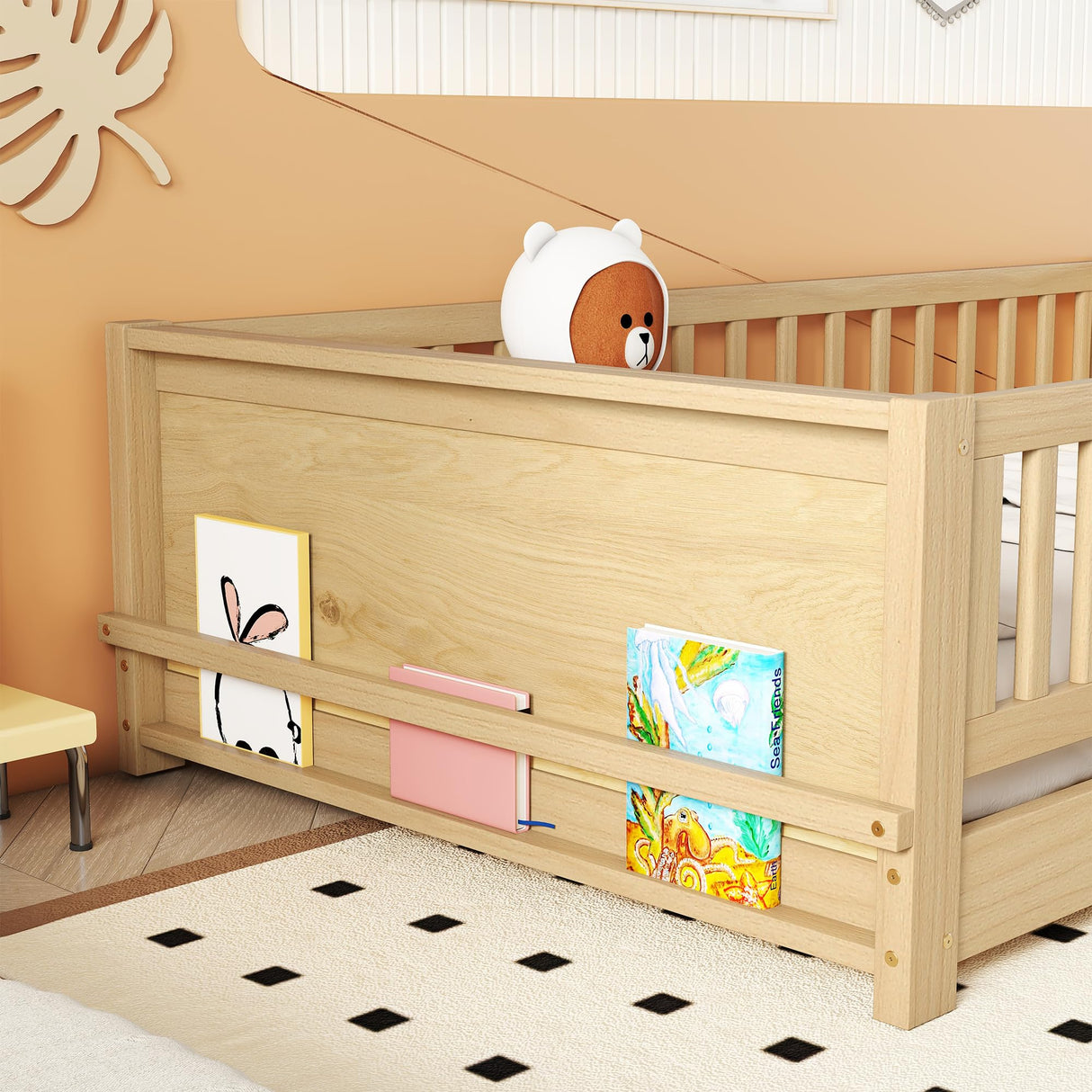 Mirightone Twin Size Montessori Floor Bed with Rails and Storage Bookcase in Natural Mirightone