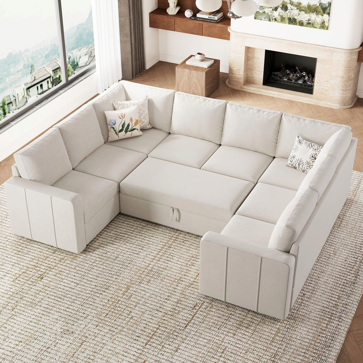 Belffin Modular Sectional Sleeper Sofa Bed with Pull Out Couch, Oversized U Shaped Sleeper Pull Out Bed with Storage Loveseat, Convertible Sectional Couches for Living Room, Beige Belffin