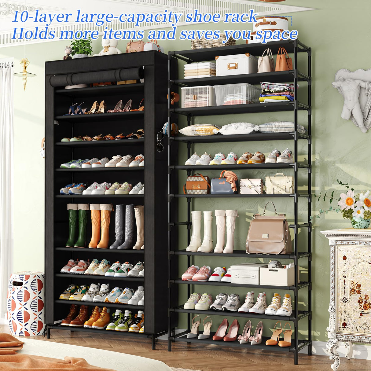 Simple Trending Tall Shoe Rack Organizer Holds 40 Pairs, 10 Tier Large Capacity Shoe Cabinet Storage with Cover for Closet, Black Simple Trending
