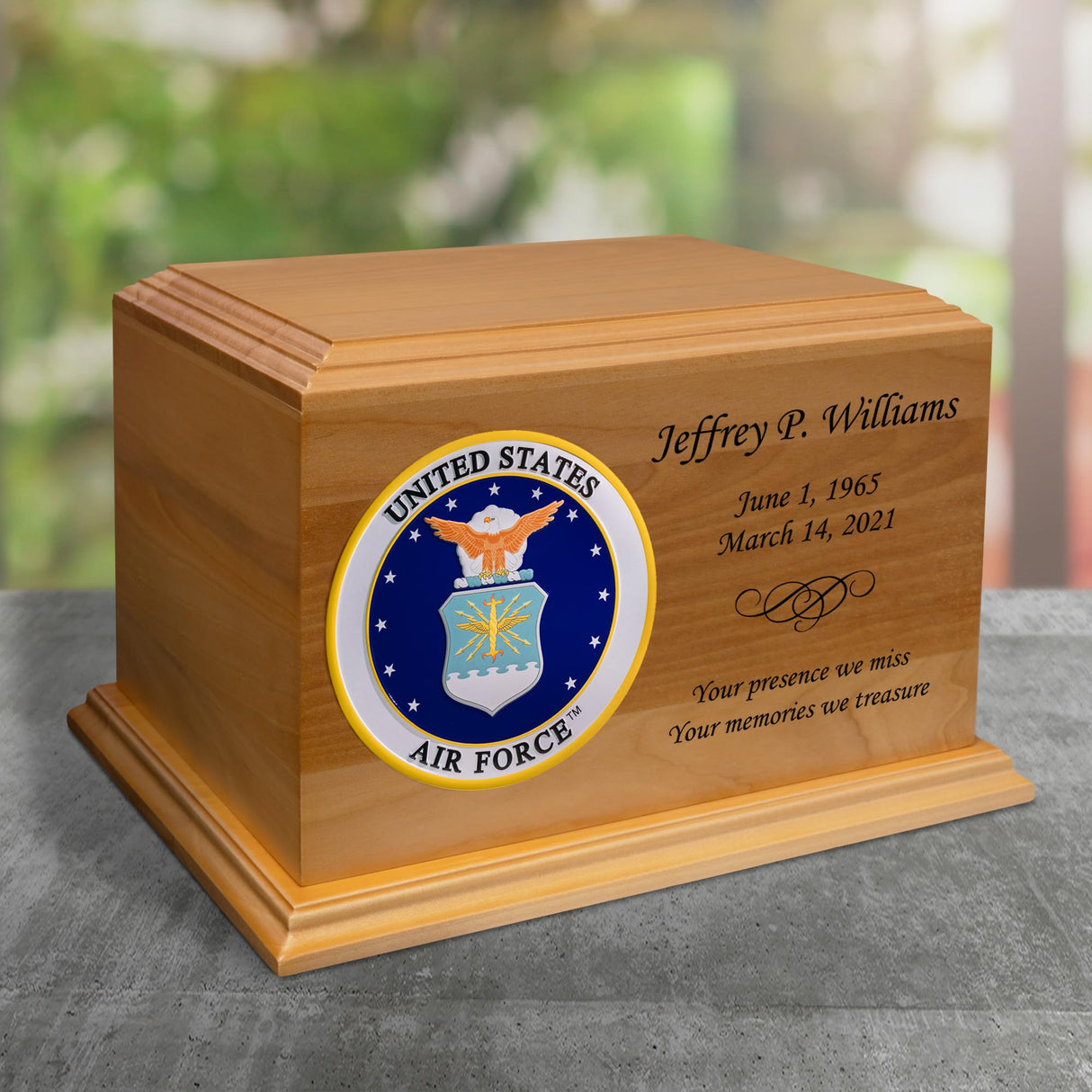 Mainely Urns Air Force Emblem Diplomat Solid Cherry Hardwood Cremation Urn - Solid Wood Urn for Ashes - Made in The U.S.A. - 210 Cubic Inch Capacity Mainely Urns