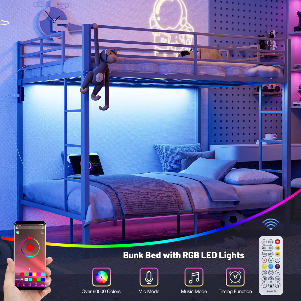 IKIFLY Full Over Full Bunk Beds with LED Lights and Charging Station, Heavy Duty Metal Full Size Bunk Bed Frame, Safety Guardrail & 2 Ladders, Space-Saving Design, No Box Spring Needed, Silver Grey IKIFLY